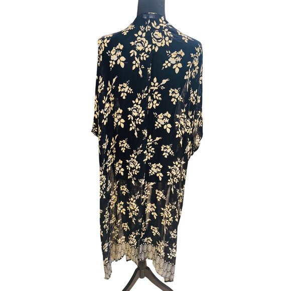 Natural Life Black Gold Boho Casual Floral Kimono Long Cardigan One Size Maxi - Picture 4 of 8